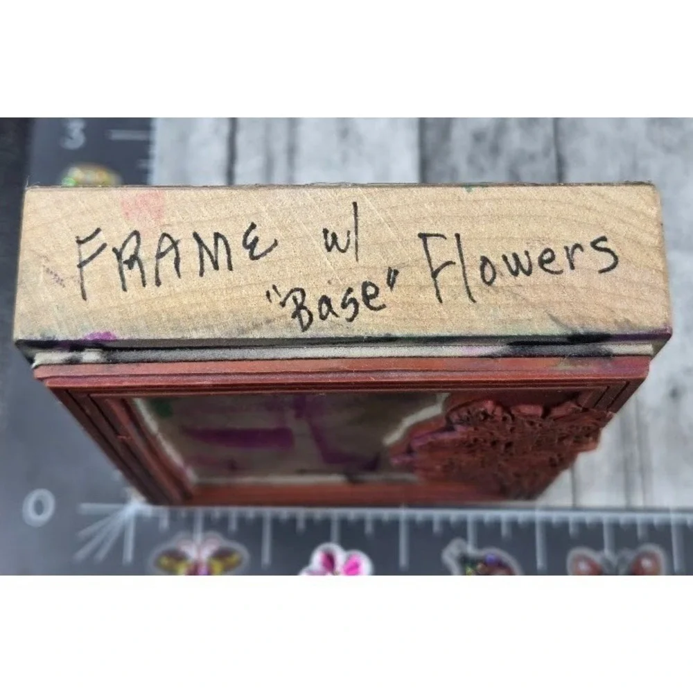 Frame Flowers Double Lines Tag Blank Rubber Stamp Wood #P66